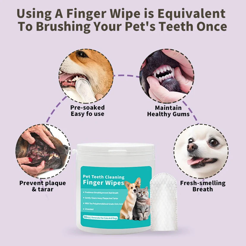 Pet Dental Finger Wipes for Dogs & Cats — 50 pcs