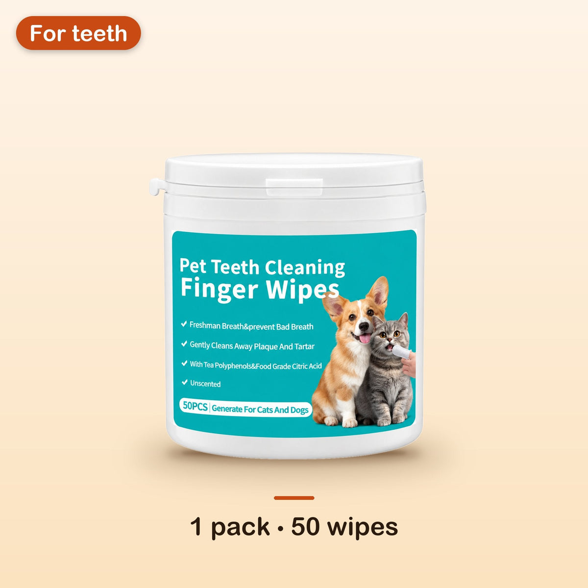 One container of pet teeth cleaning finger wipes, 50 wipes