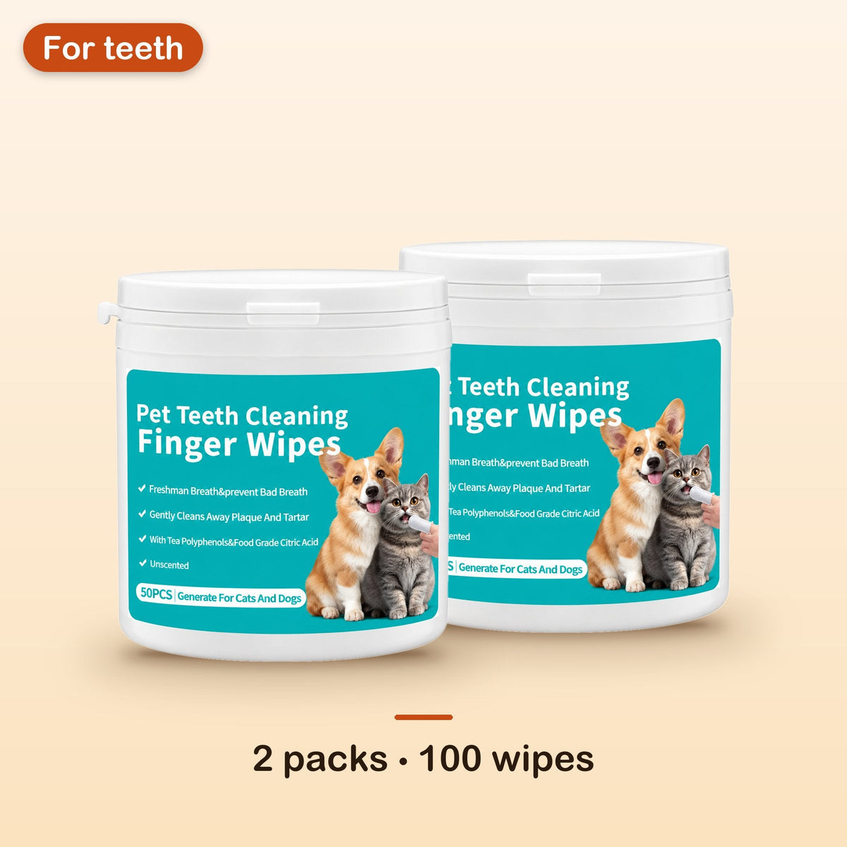 Two containers of pet teeth cleaning finger wipes, 100 wipes in total