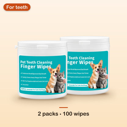 Two containers of pet teeth cleaning finger wipes, 100 wipes in total
