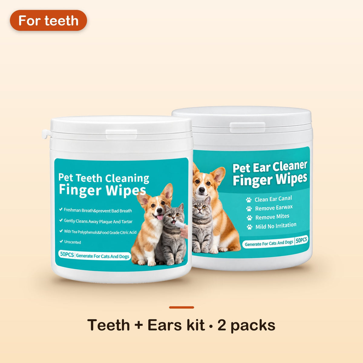 Teeth and ears kit: one container of pet teeth cleaning finger wipes and one container of pet ear cleaner finger wipes