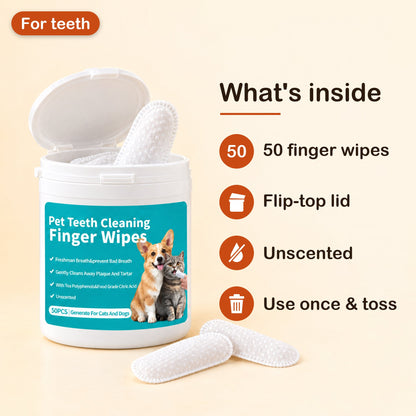 Open tub of pet dental finger wipes with wipes inside: 50 finger wipes, flip-top lid, unscented, use once and toss
