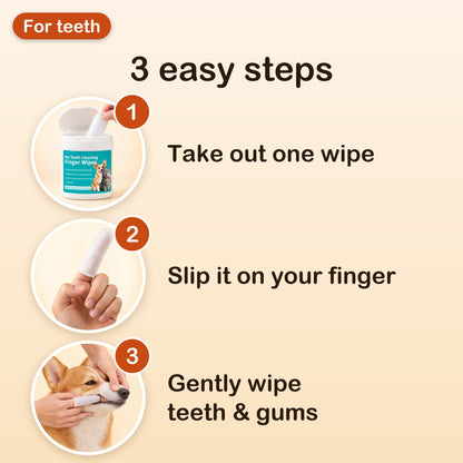 3 easy steps: take out one wipe, slip it on your finger, gently wipe your pet's teeth and gums