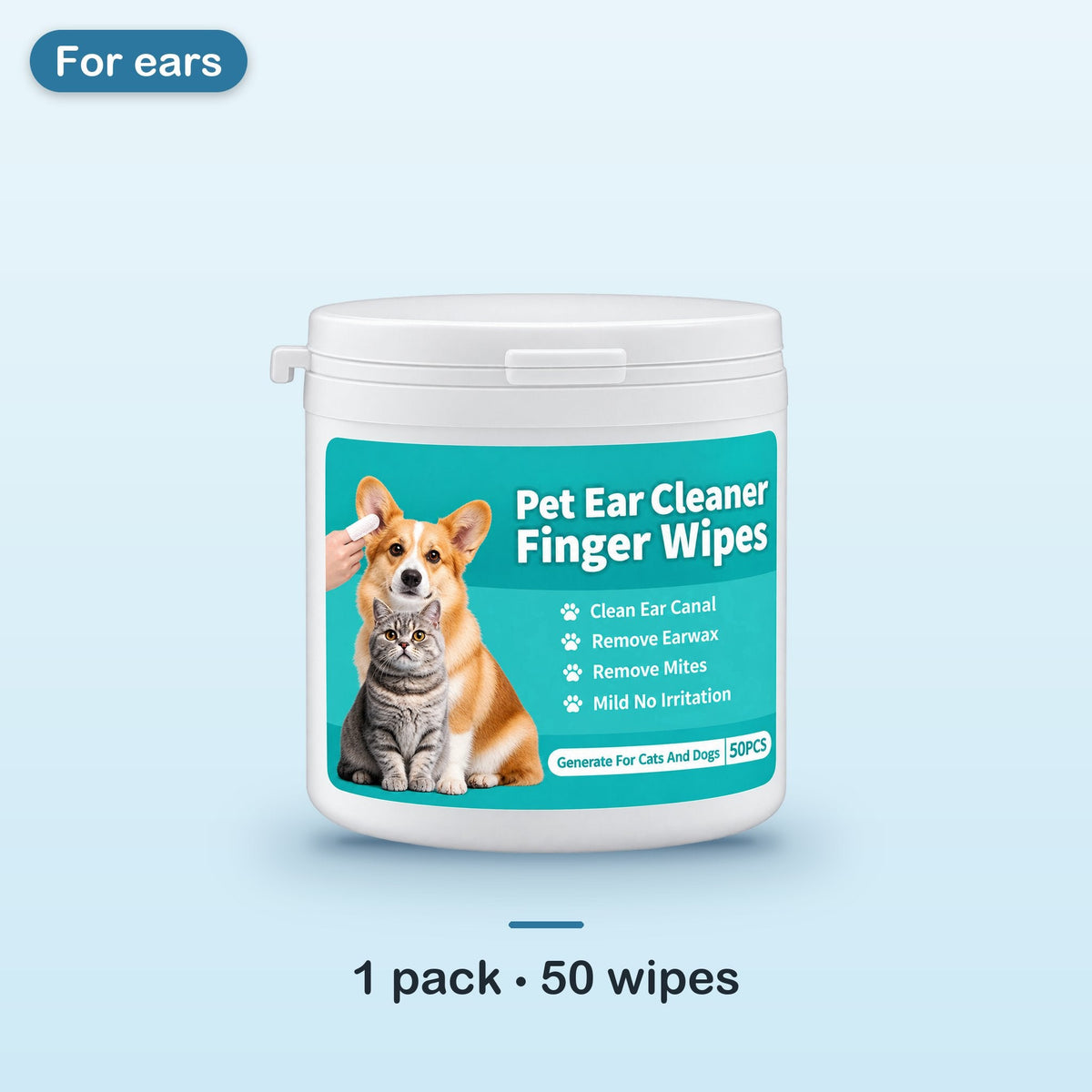 One container of pet ear cleaner finger wipes, 50 wipes