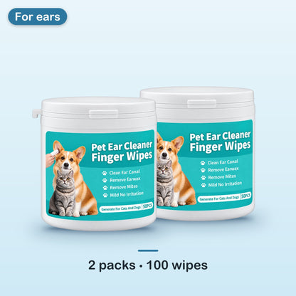 Two containers of pet ear cleaner finger wipes, 100 wipes in total