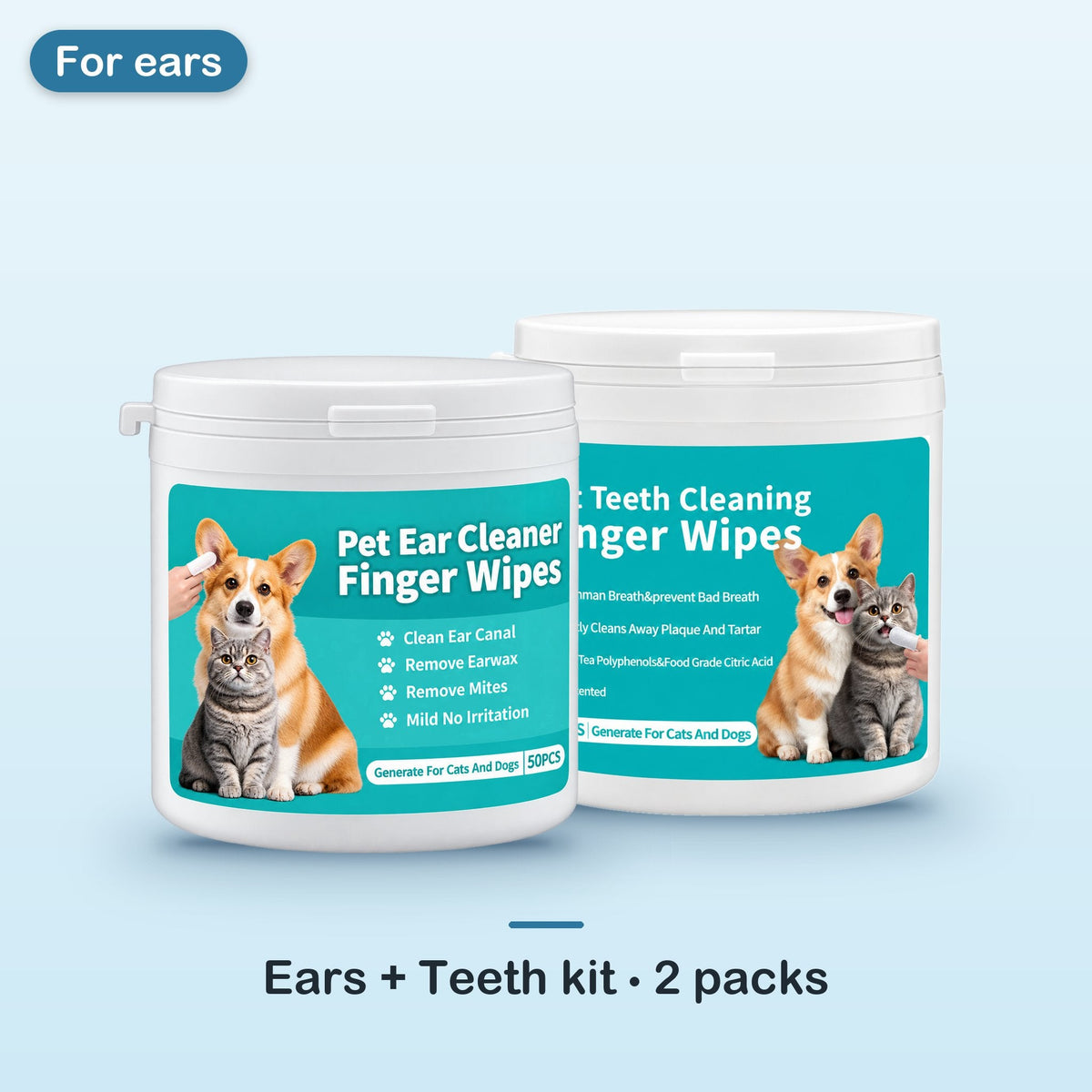 Ears and teeth kit: one container of pet ear cleaner finger wipes and one container of pet teeth cleaning finger wipes