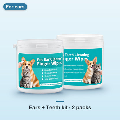 Ears and teeth kit: one container of pet ear cleaner finger wipes and one container of pet teeth cleaning finger wipes