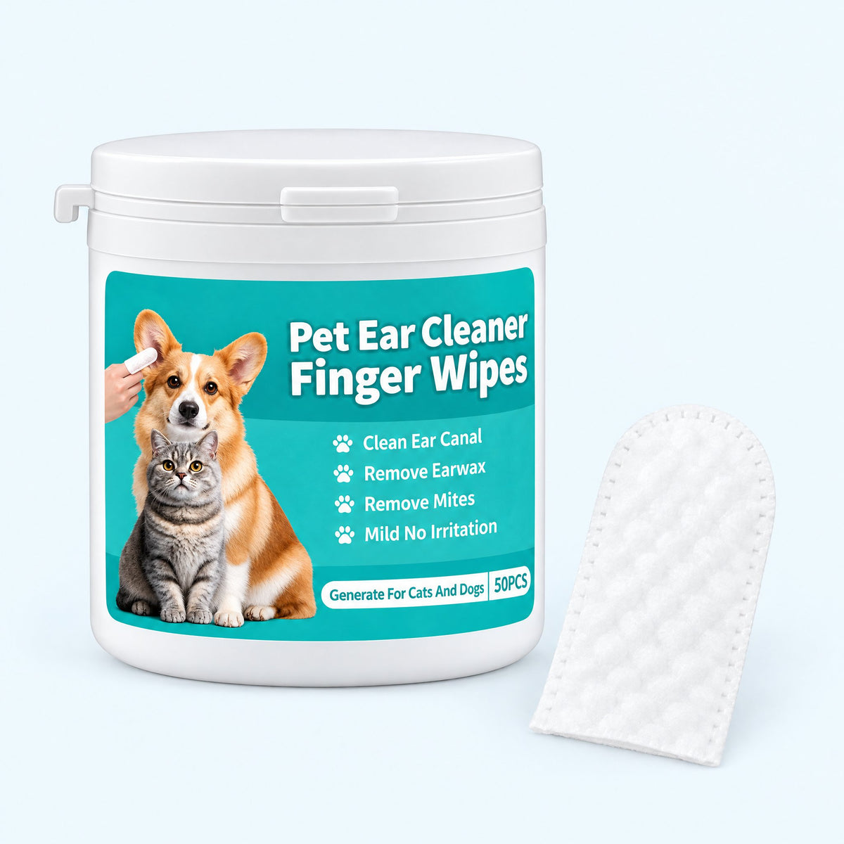 Tub of 50 pet ear cleaner finger wipes with one soft textured finger wipe beside it