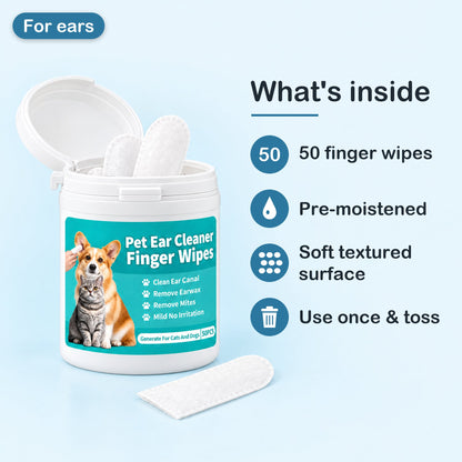 Open tub of pet ear cleaner finger wipes with wipes inside: 50 finger wipes, pre-moistened, soft textured surface, use once and toss