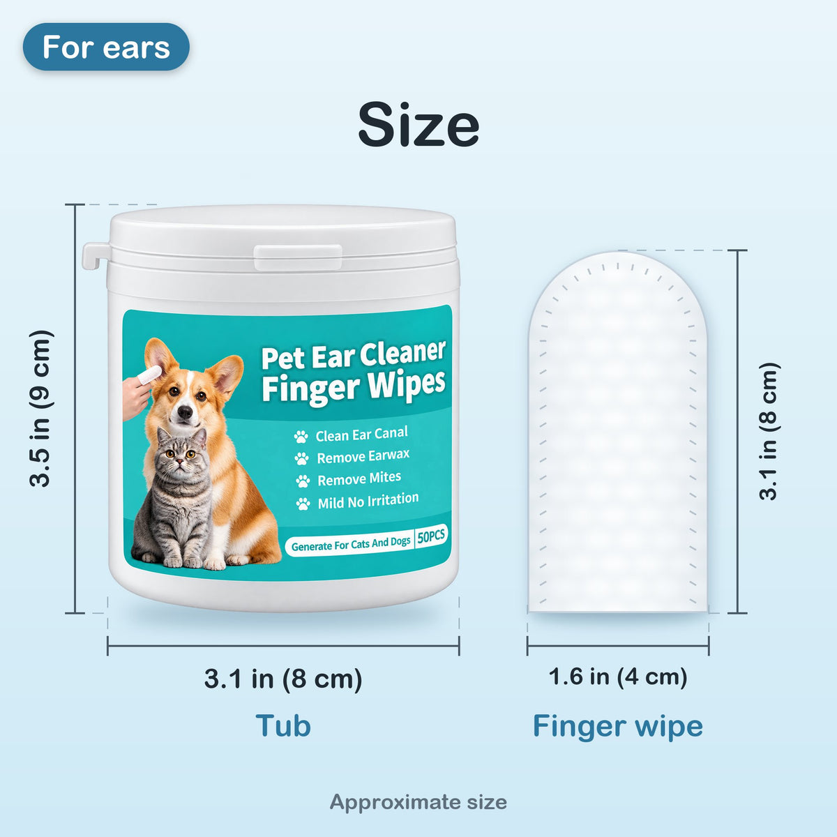 Size of the tub, about 3.5 by 3.1 inches (9 by 8 cm), next to one finger wipe, about 3.1 by 1.6 inches (8 by 4 cm)