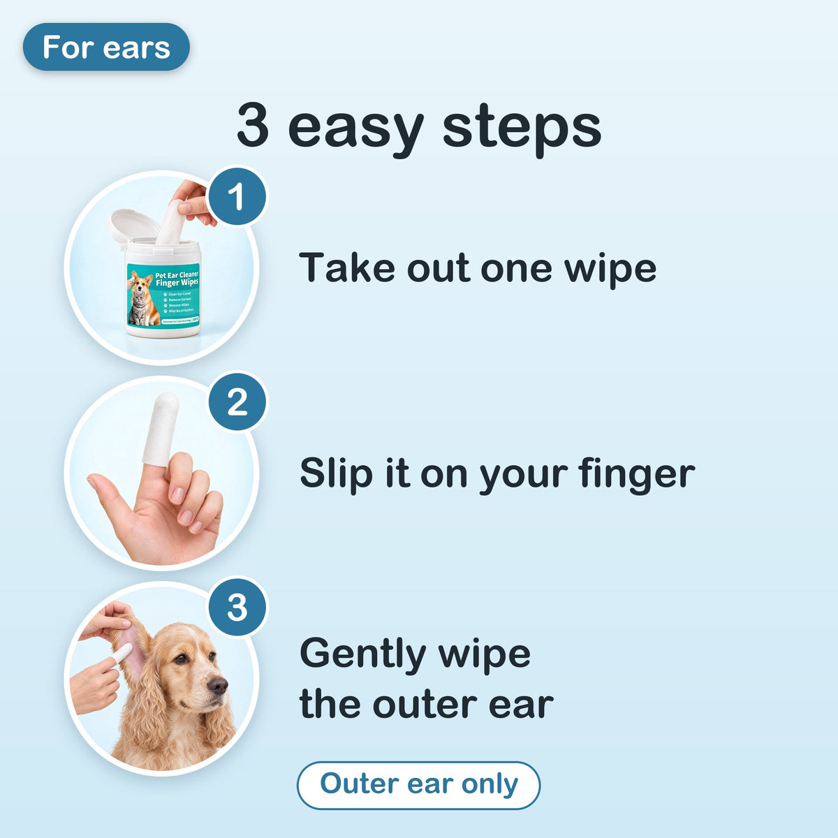 3 easy steps: take out one wipe, slip it on your finger, gently wipe the outer ear. Outer ear only
