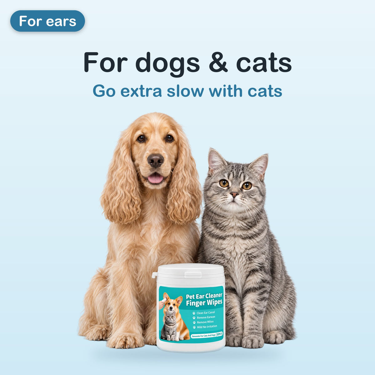 Golden cocker spaniel and gray tabby cat sitting behind a tub of ear cleaner finger wipes for dogs and cats